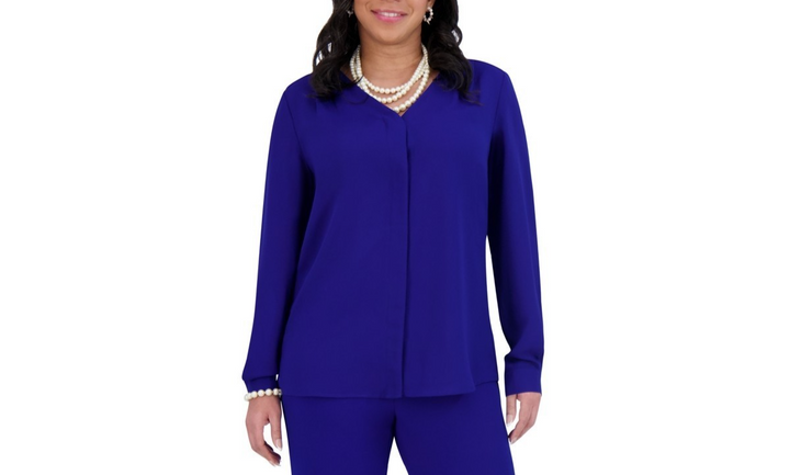 Kasper Women's V-Neck Button-Front Long-Sleeve Blouse Regular & Plus MSRP $69