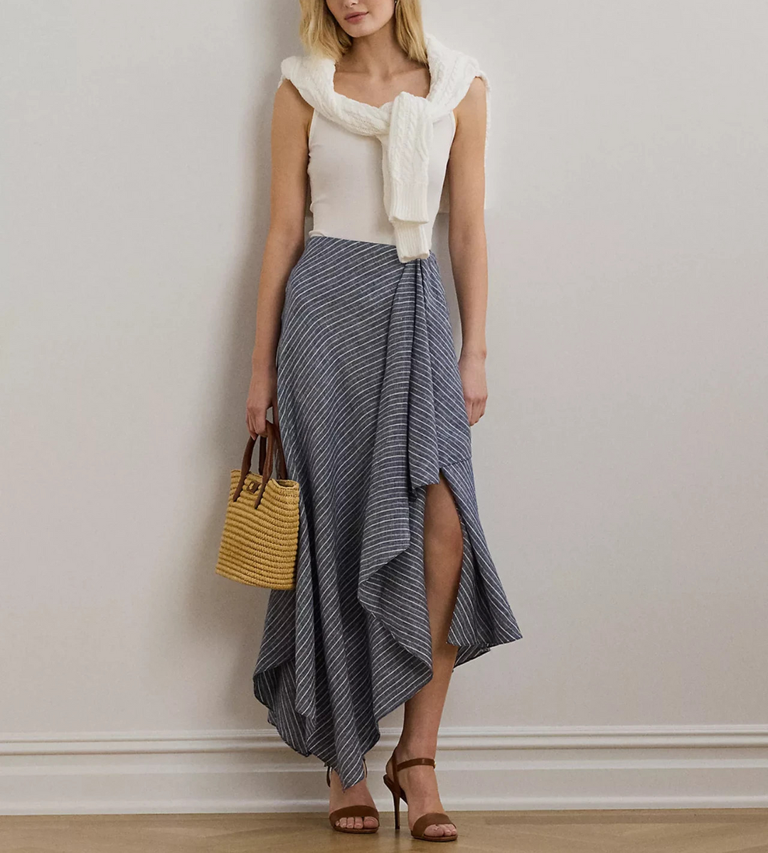 Lauren Ralph Lauren Striped Linen A-Line Midi Skirt MSRP $225