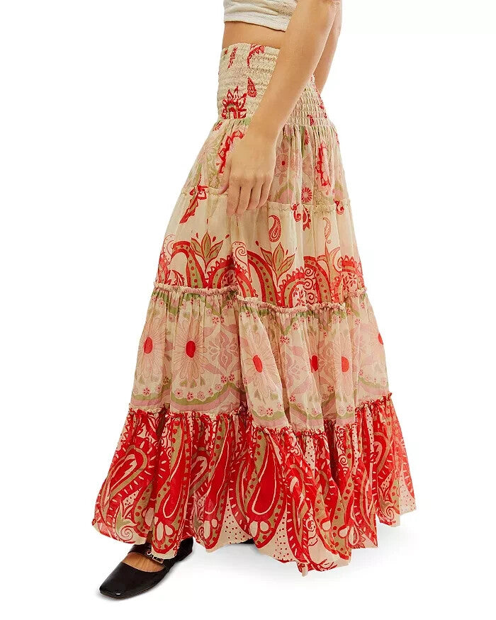 Free People Super Thrills Printed Tiered Maxi Skirt Size S