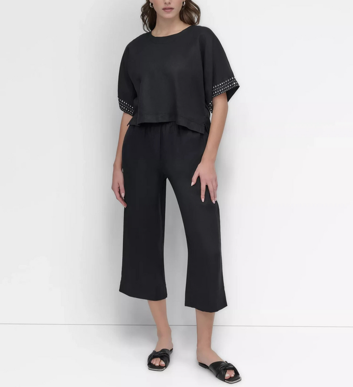 DKNY Women's Cropped Short-Sleeve Studded Linen Top MSRP $89