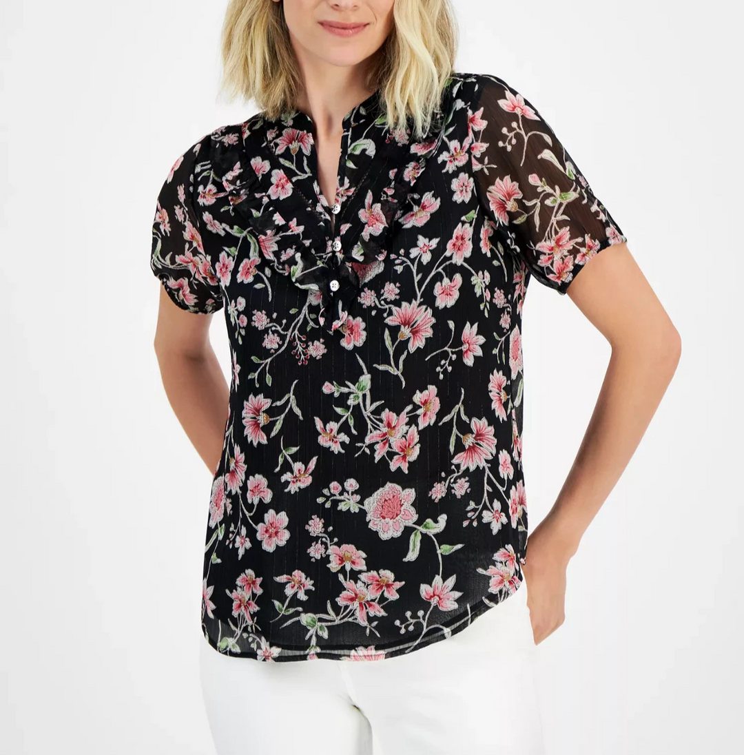 Nautica Jeans Printed Ruffle-Trim Short-Sleeve Top MSRP $69.50