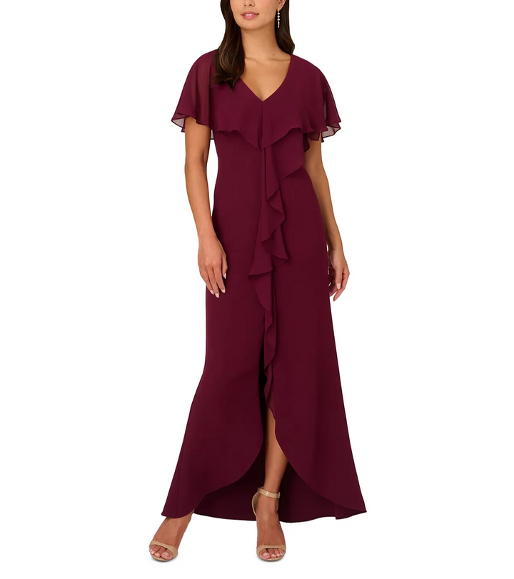 Papell Studio by Adrianna Papell Flutter-Sleeve Crepe Ruffled Gown MSRP $149