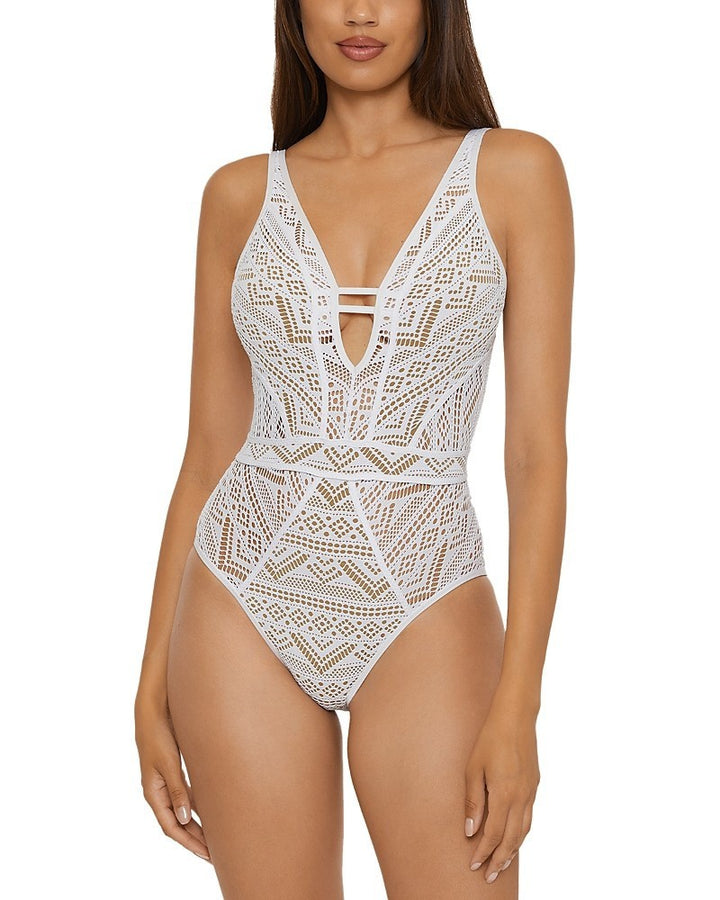 Separated!BECCA Crochet Plunge One Piece Swimsuit $128