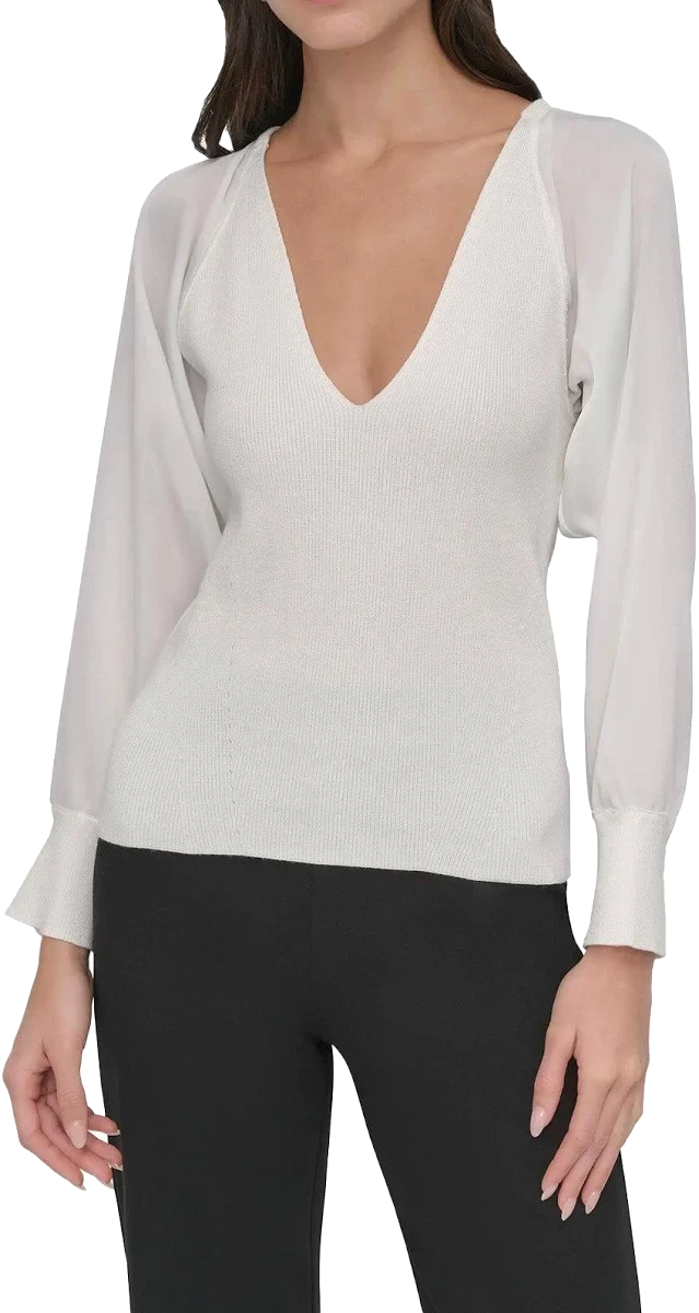 DKNY Women's Mixed-Media V-Neck Top MSRP $79