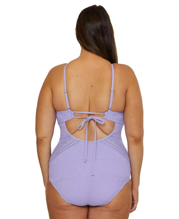 Becca ETC Plus Size Color Play Crocheted High Neck One-Piece Swimsuit MSRP $158