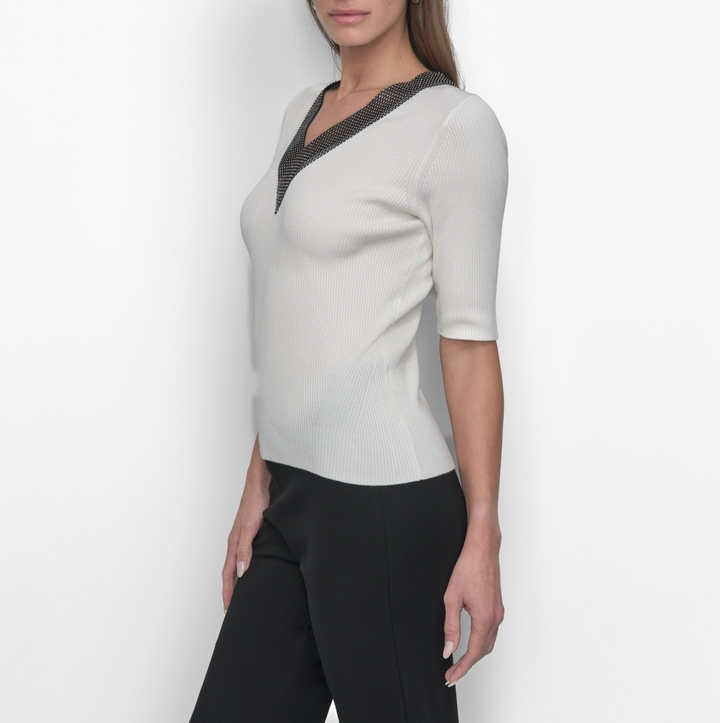 DKNY Women's Embellished-Neck Half-Sleeve Ribbed Sweater MSRP $89