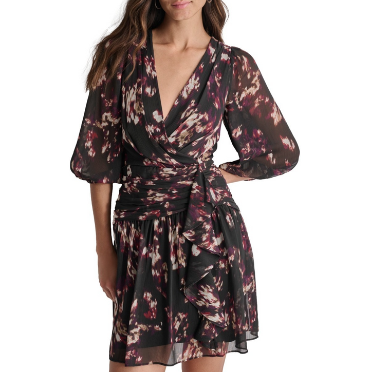 DKNY Women's Crinkle-Chiffon Faux-Wrap Mini Dress MSRP $139