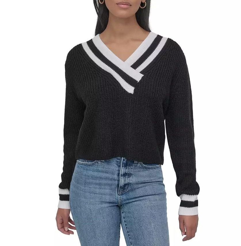 Dkny Jeans Women's Varsity V-Neck Relaxed Sweater MSRP $79