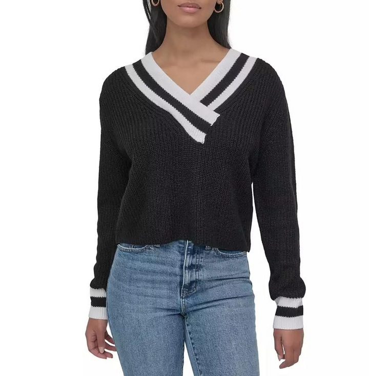 Dkny Jeans Women's Varsity V-Neck Relaxed Sweater MSRP $79