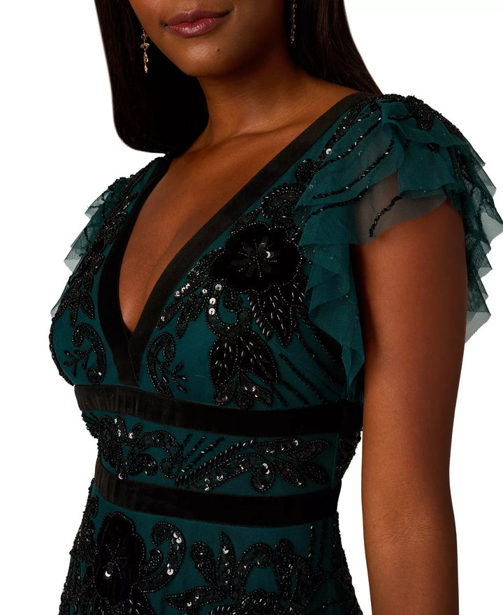 Adrianna Papell Velvet-Trim Embellished Midi Dress MSRP $ 279