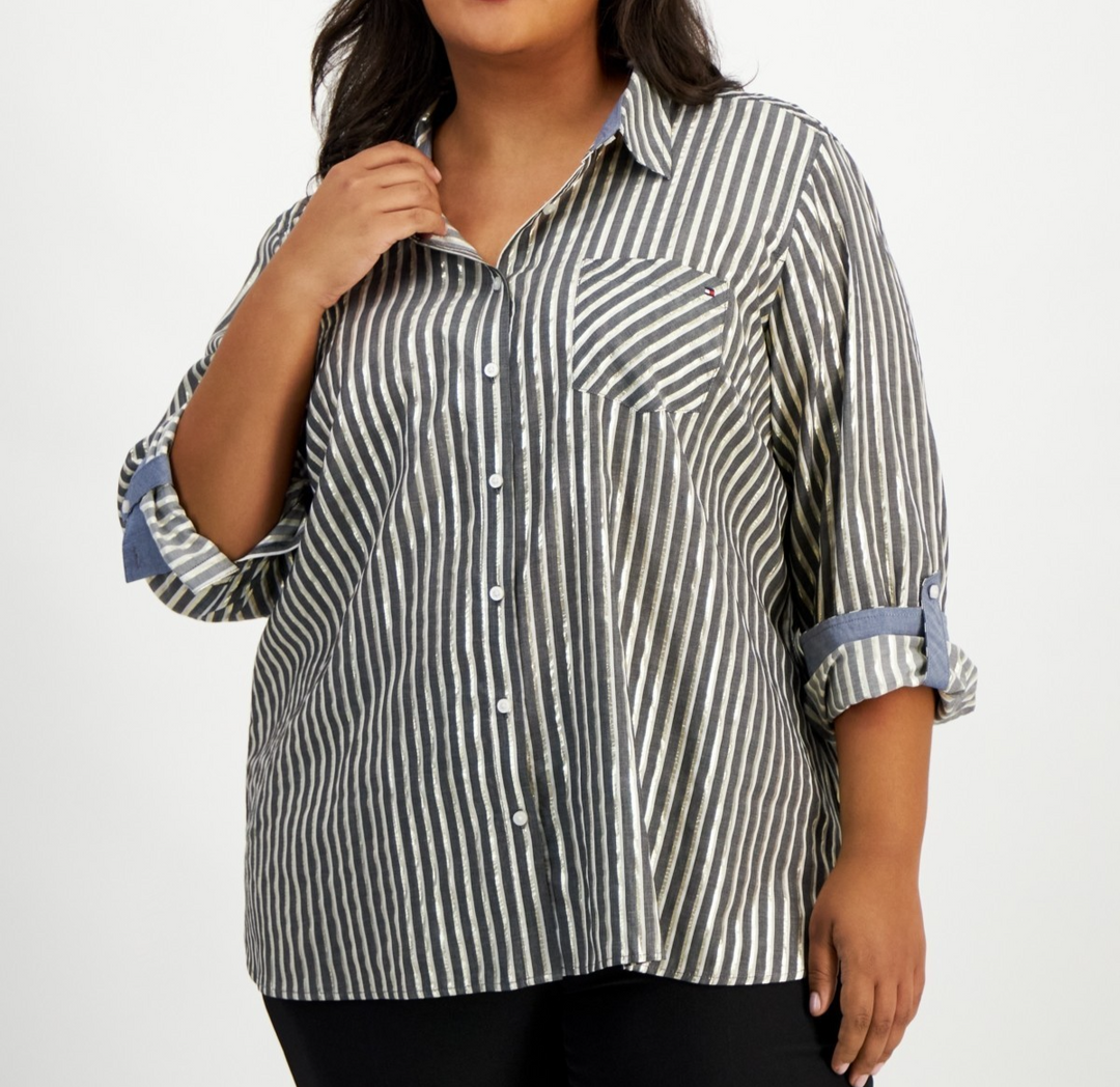 Tommy Hilfiger Black/Gold Shimmer Shadow Striped Button-Front Shirt MSRP $79.50