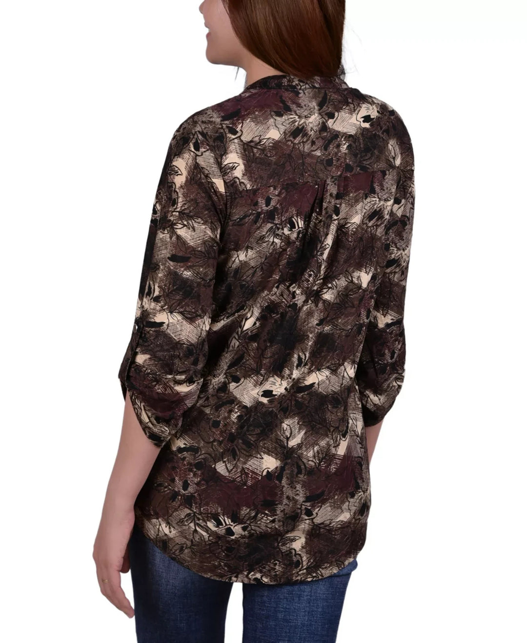 NY Collection Petite 3/4 Roll Tab Sleeve Y-Neck Top MSRP $40