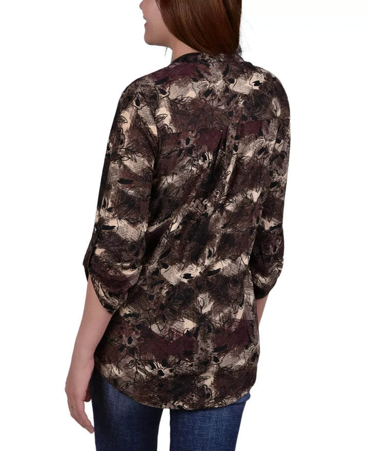 NY Collection Petite 3/4 Roll Tab Sleeve Y-Neck Top MSRP $40