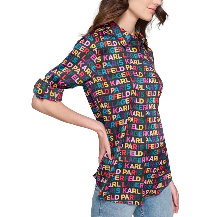 KARL LAGERFELD PARIS Women's Printed Utility Button-Front Top MSRP $79