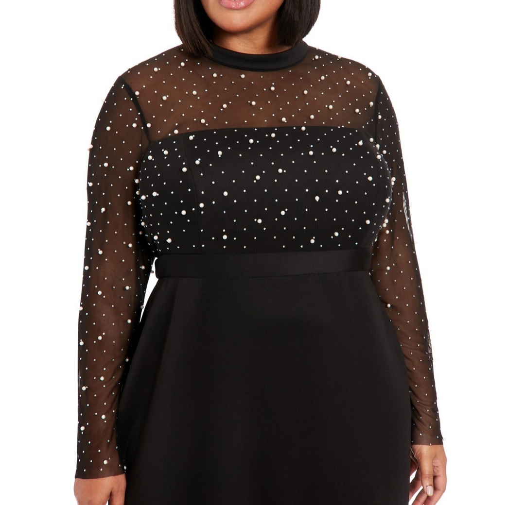 London Times Plus Size Beaded Illusion Mock-Neck Midi Dress MSRP $99