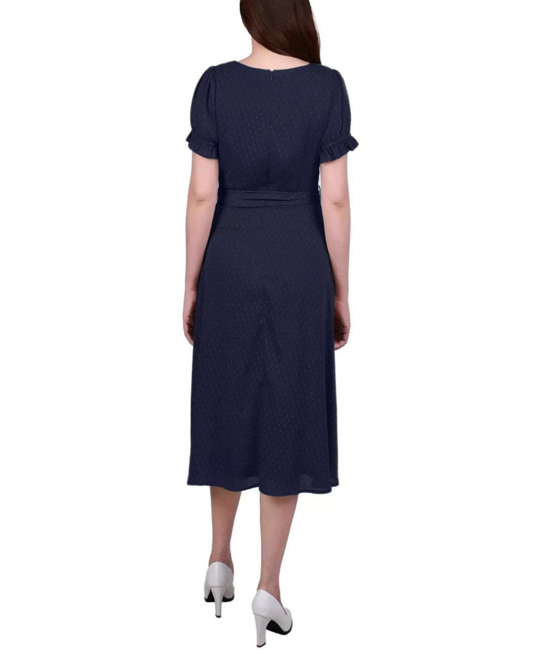 NY Collection Petite Short Sleeve Belted Swiss Dot Dress MSRP $52