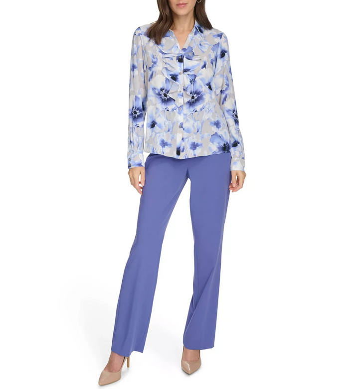 Calvin Klein Women's Printed Ruffle-Collar Blouse MSRP $79