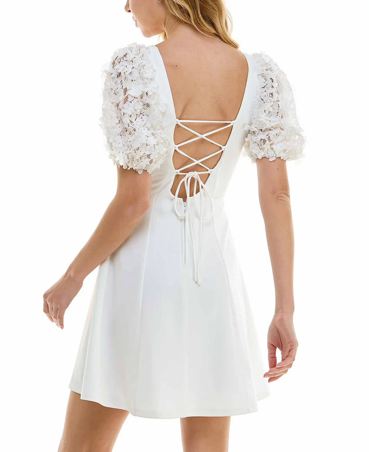 City Studios Juniors' Embellished Puff-Sleeve Fit & Flare Dress MSRP $49