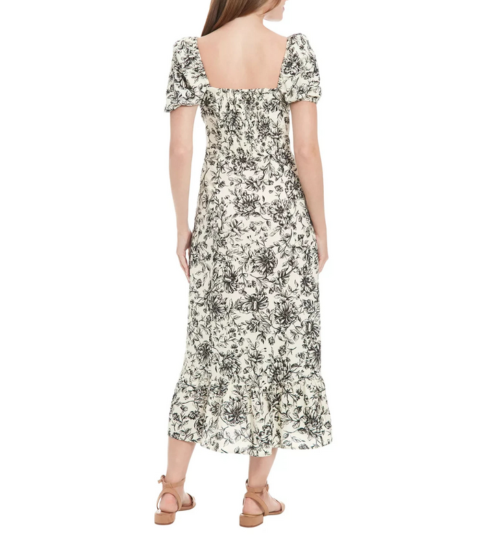 London Times Puff-Sleeve Ruched Smocked-Back Empire Midi Dress MSRP $89
