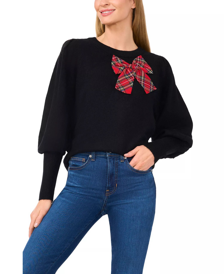CeCe Women's Plaid Bow Crew Neck Sweater MSRP $79