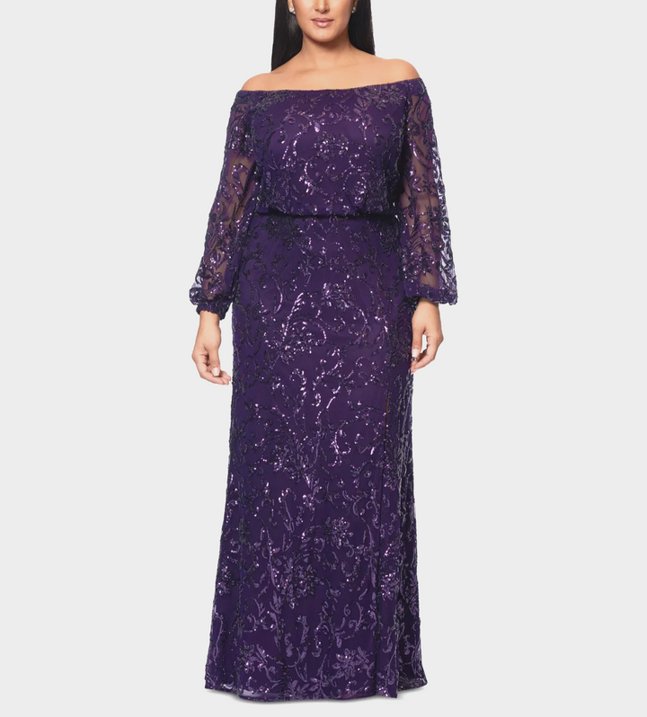 XSCAPE Plus Size Sequin Off-The-Shoulder Side-Slit Gown MSRP $299