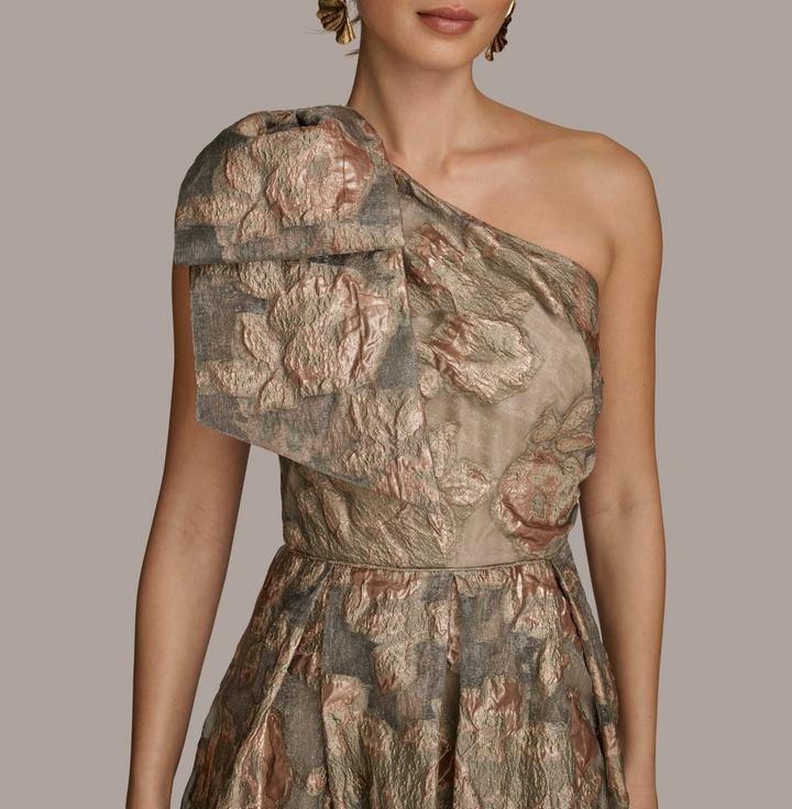 Donna Karan  Metallic Jacquard One-shoulder Bow Floral Ball Gown MSRP $359