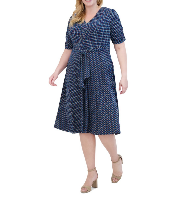 Jessica Howard Plus Size Pleated V-Neck Tie-Waist Dress MSRP $119