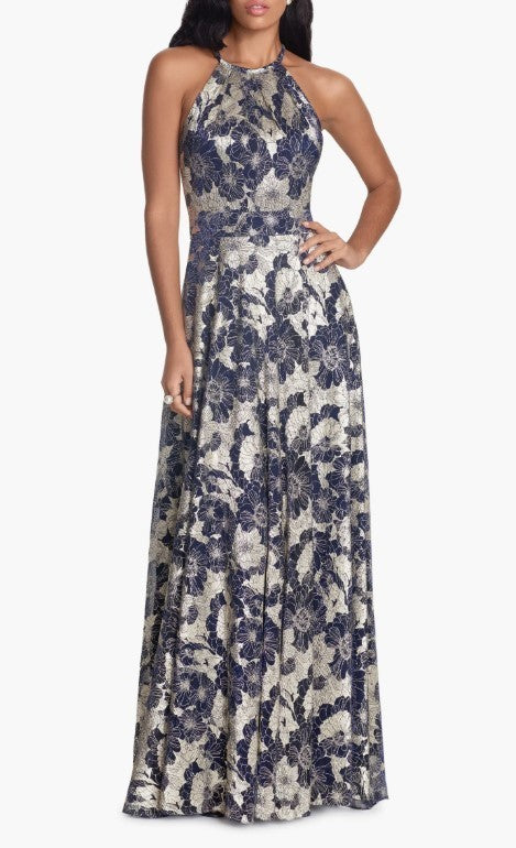 Betsy & Adam Metallic Floral Halter Gown MSRP $279