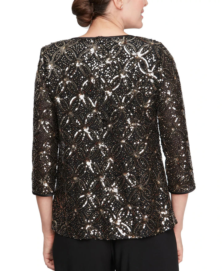 Alex Evenings Petite Sequinned Flyaway 3/4-Sleeve Top MSRP $159