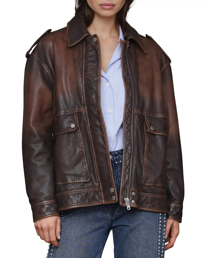 Avec Les Filles Genuine Leather Aviator Jacket MSRP $548