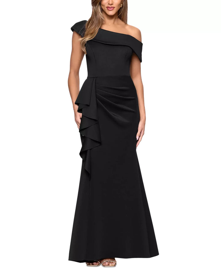 AQUA One Shoulder Ruffle Scuba Crepe Dress MSRP $278