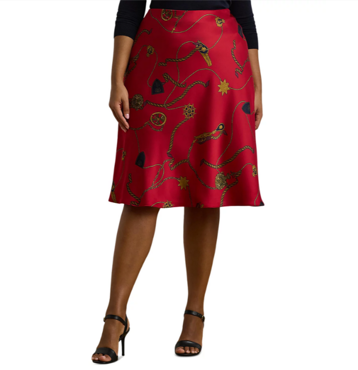 Lauren Ralph Lauren Belting-Print Satin Charmeuse Midi Skirt MSRP $175