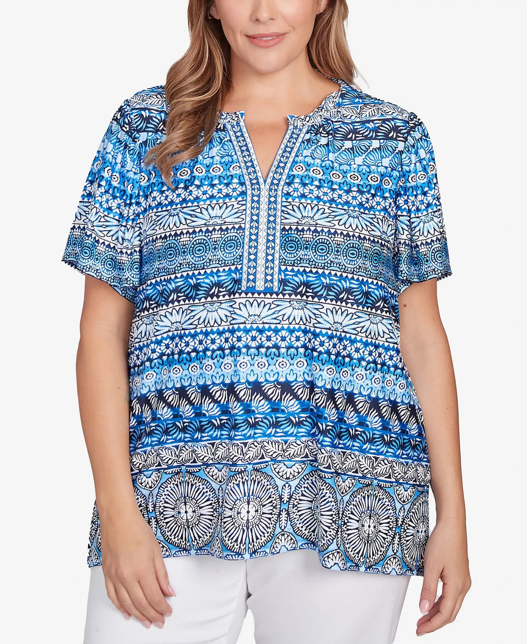 Ruby Rd. Plus Size Motif Stripe Embroidered Puff Print Top MSRP $64
