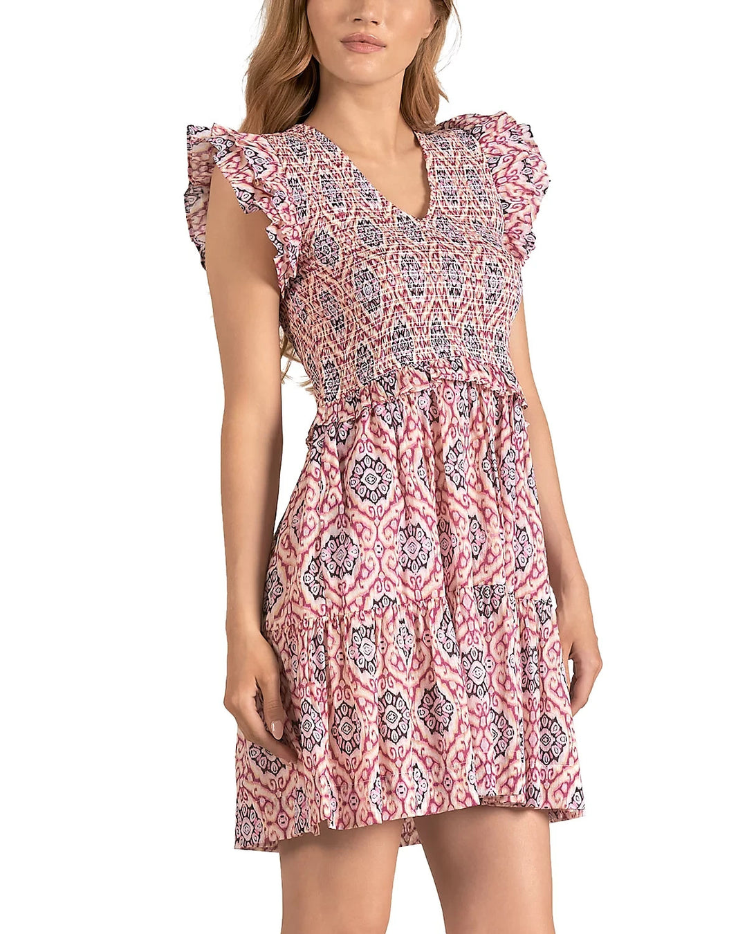 Elan Ikat Print Ruffle Sleeve Dress MSRP $98
