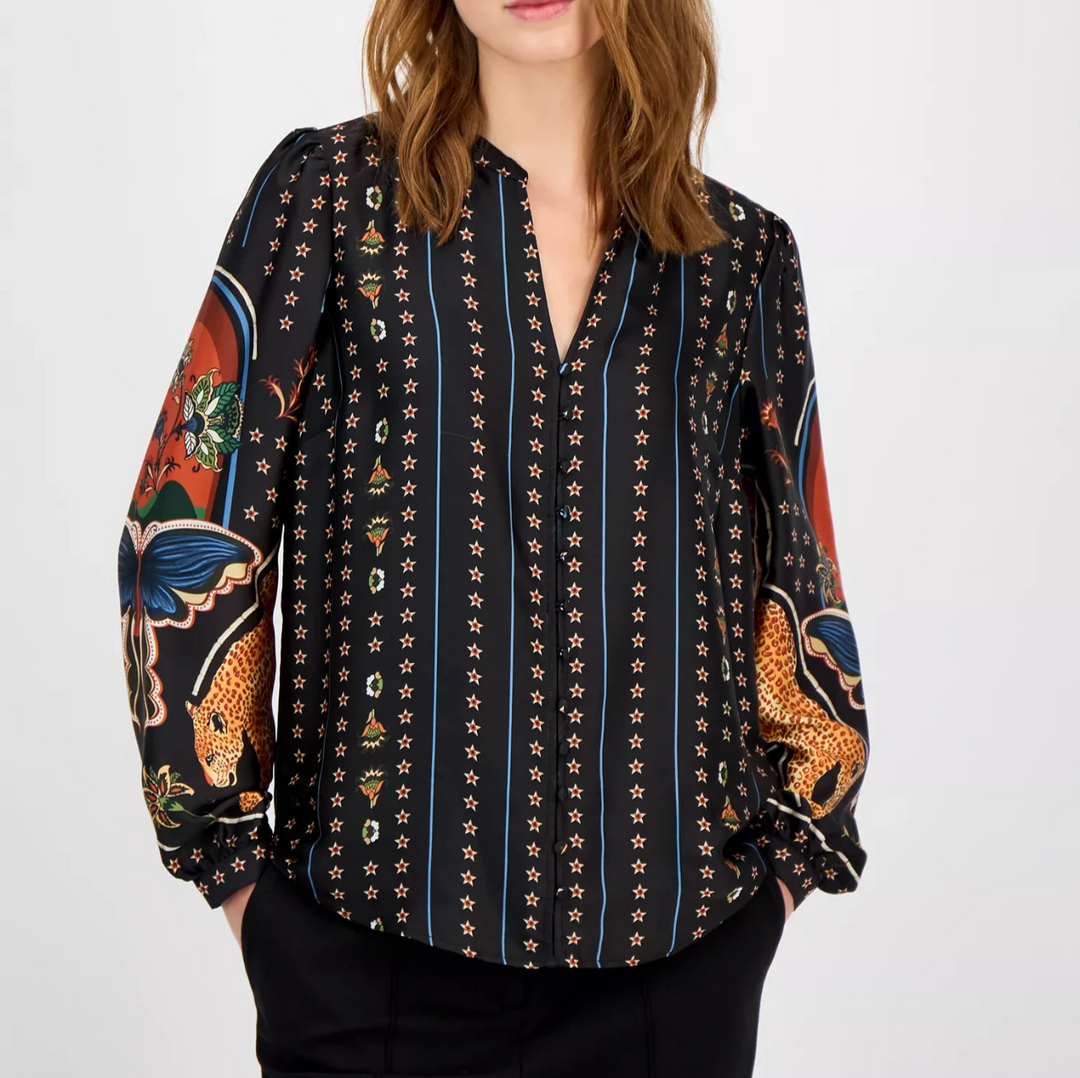 T Tahari Women's Printed Split-Neck Blouse MSRP $88