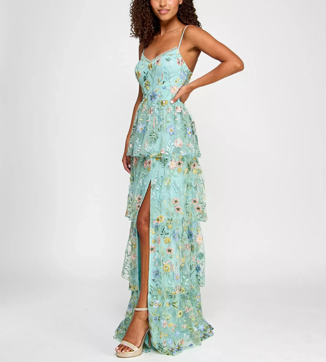 City Studios Juniors' Ruffled Embroidered Tiered Gown MSRP $189