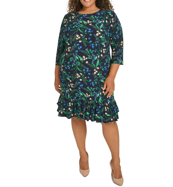 Tommy Hilfiger Plus Size Printed Round-Neck Ruffle-Hem Dress MSRP $109