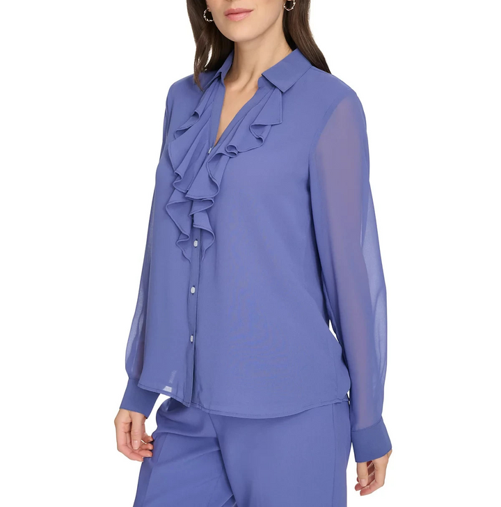Calvin Klein Petite Ruffle-Front Long-Sleeve Blouse MSRP $74