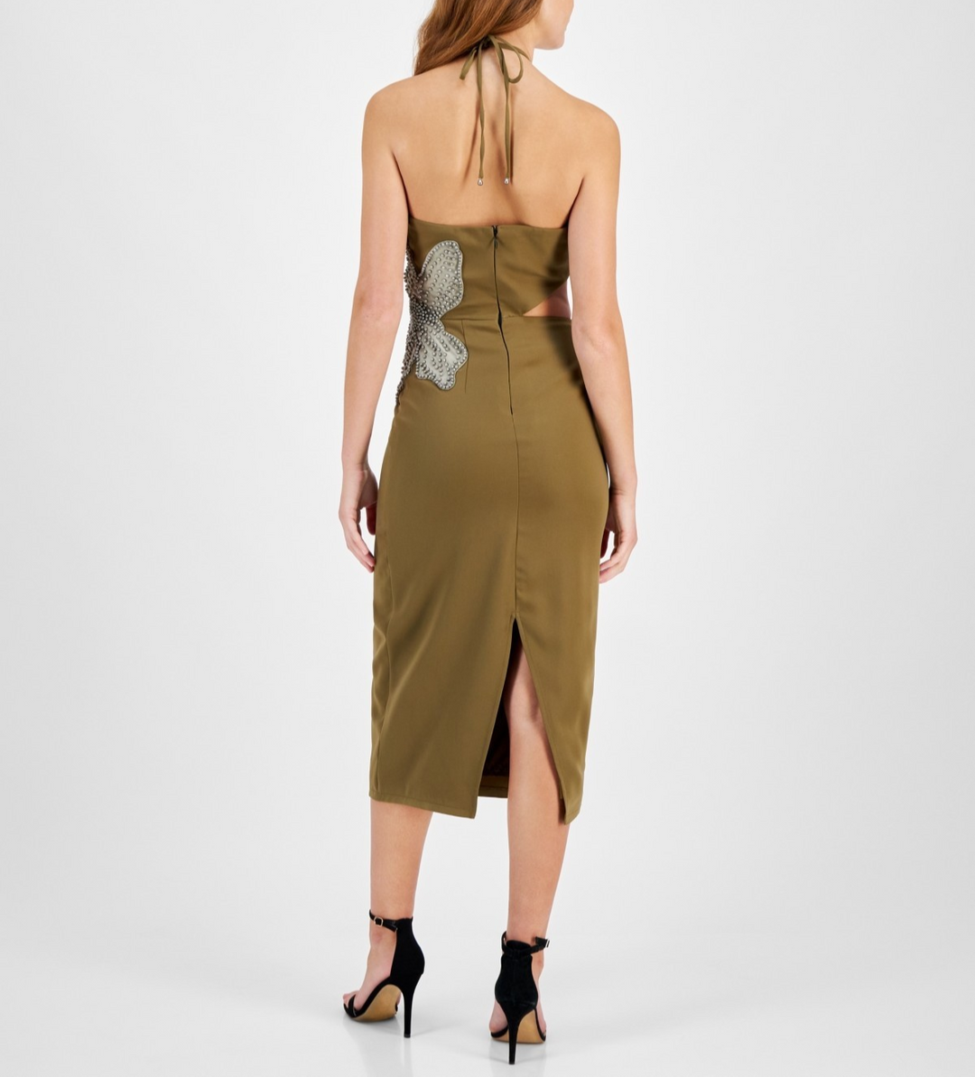 Avec Les Filles Halter-Neck Floral Applique Dress MSRP $178