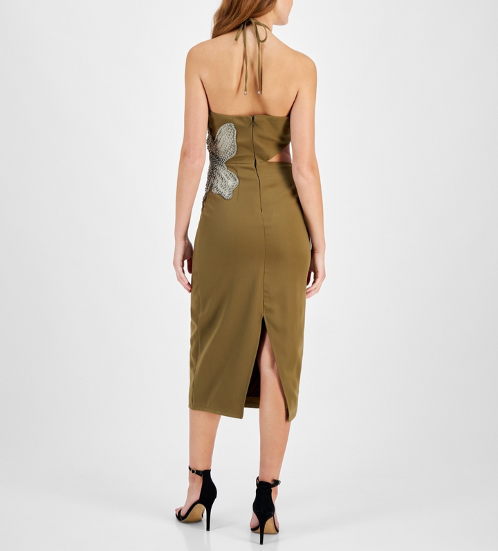 Avec Les Filles Halter-Neck Floral Applique Dress MSRP $178