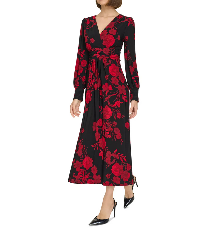 Tommy Hilfiger Floral Surplice-Neck Smocked-Cuff Dress MSRP $119