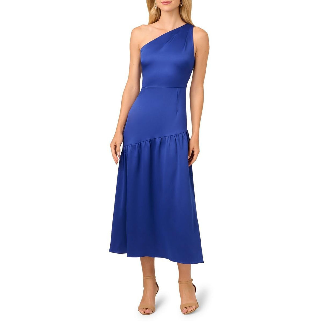 Adrianna Papell Satin Tea-Length One-Shoulder Dress MSRP $189