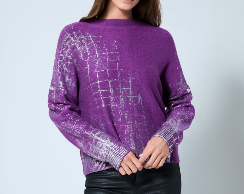 Adrienne Landau Crocodile Foil Print Funnel Neck Sweater MSRP $295