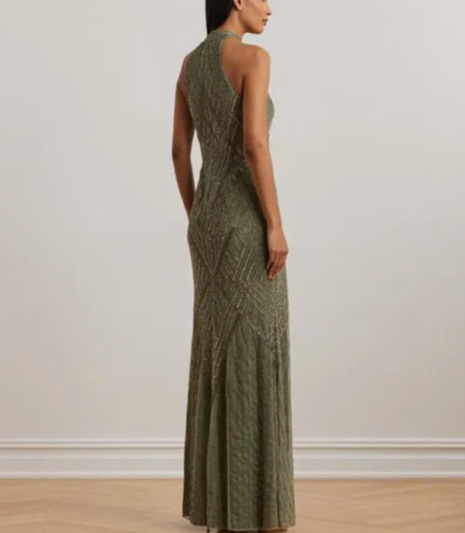 LAUREN RALPH LAUREN Beaded Mesh Sleeveless Halter Gown MSRP $595