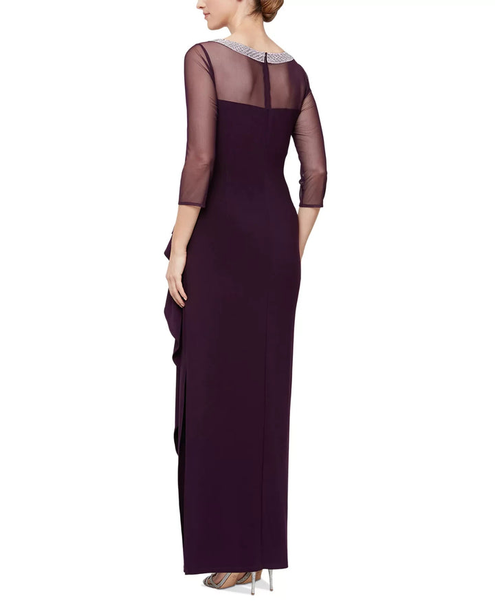 Alex Evenings Embellished-Neck Side-Ruched Illusion Dress MSRP $199