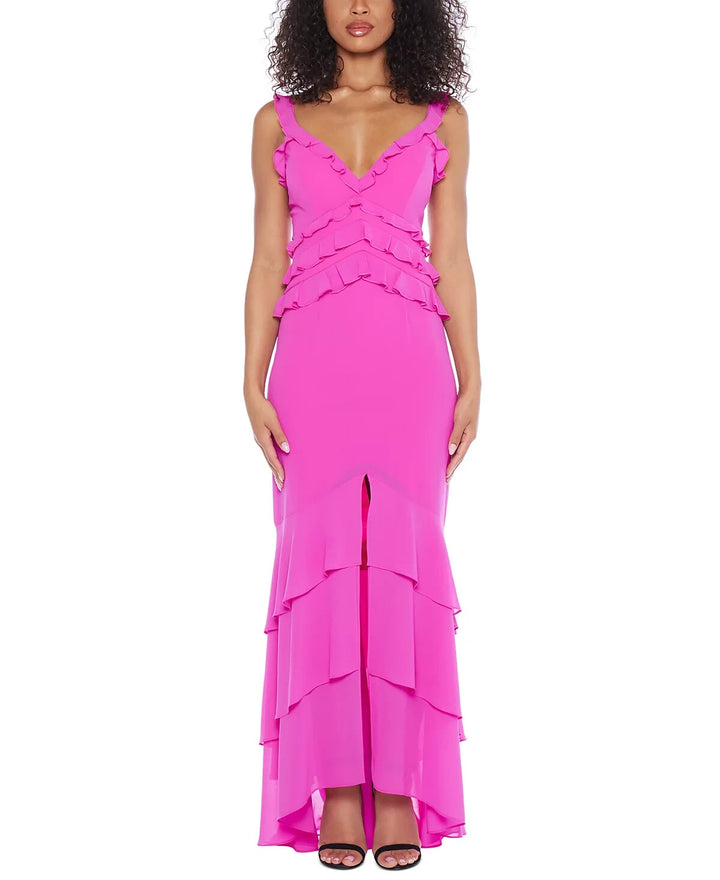 B Darlin Juniors' Ruffle V-Neck Front-Slit Gown MSRP $99