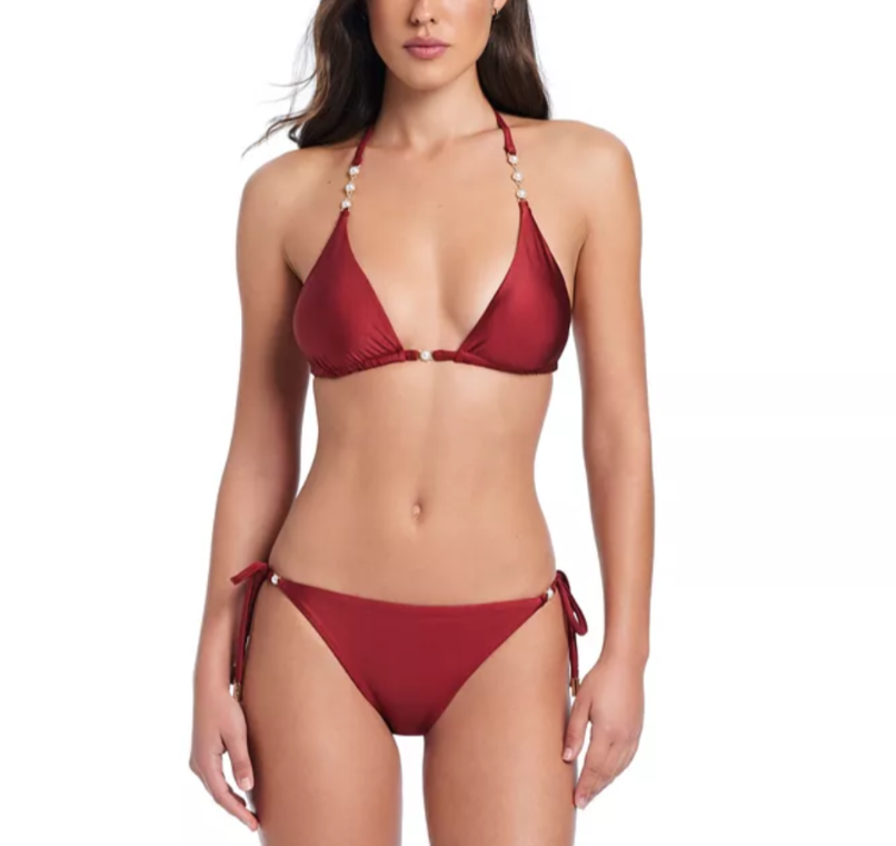 Red Carter Pearls Of Wisdom Triangle Bikini Top & Tie Side Bikini Bottom $132