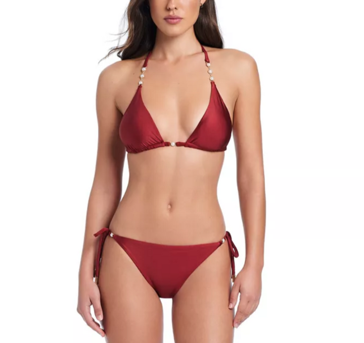 Red Carter Pearls Of Wisdom Triangle Bikini Top & Tie Side Bikini Bottom $132