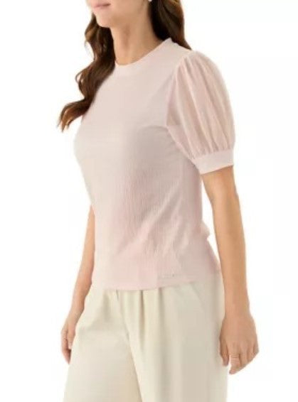 Calvin Klein Mixed Media Crew Neck Short Puff Sleeve Top MSRP $59