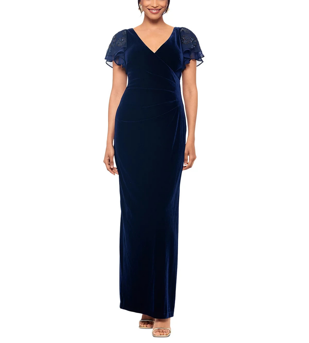 Betsy & Adam Petite Embellished Flutter-Sleeve Velvet Gown MSRP $199